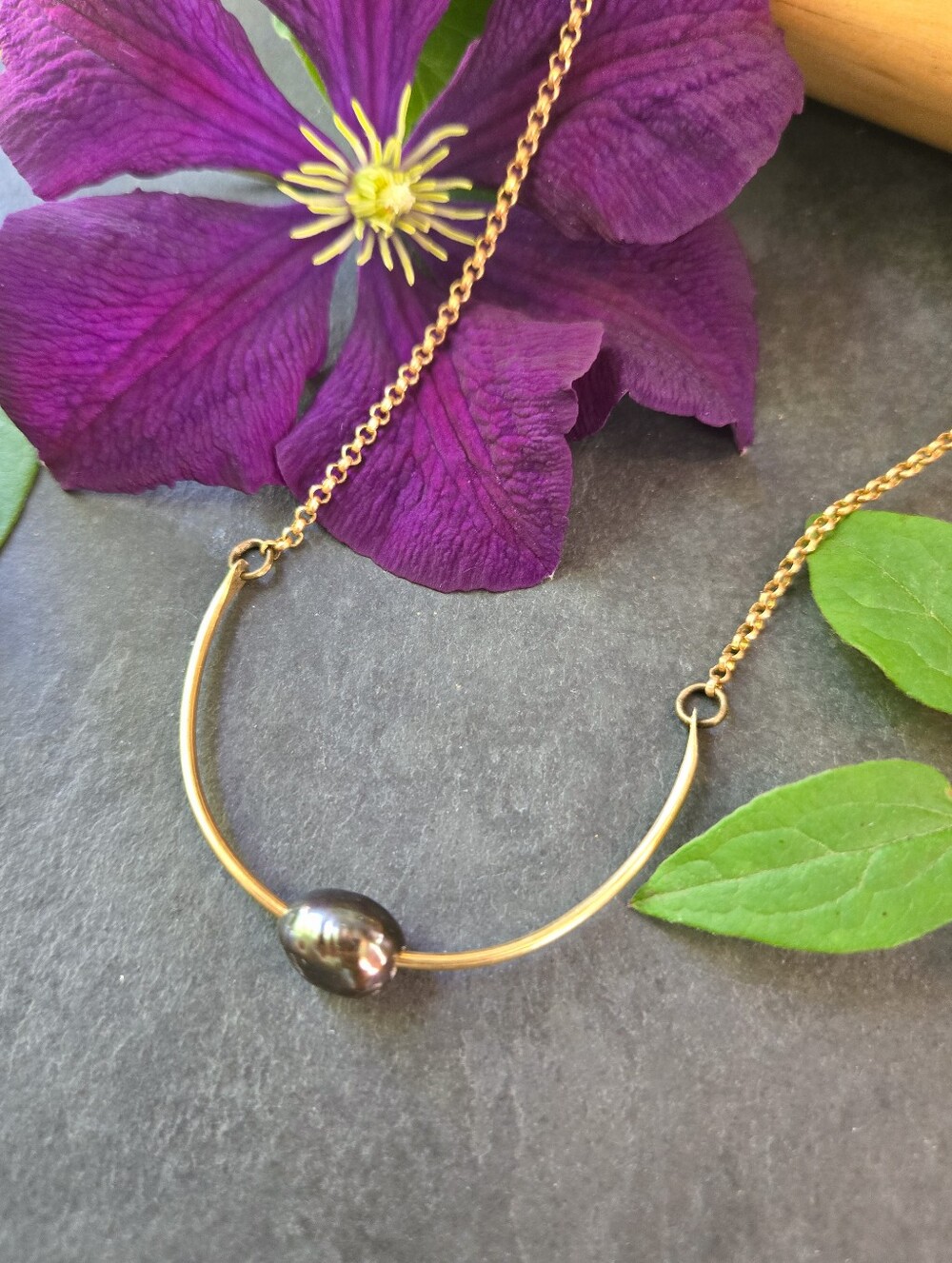 NWT Artisan-Made Peacock Pearl Brass Arc Long Necklace